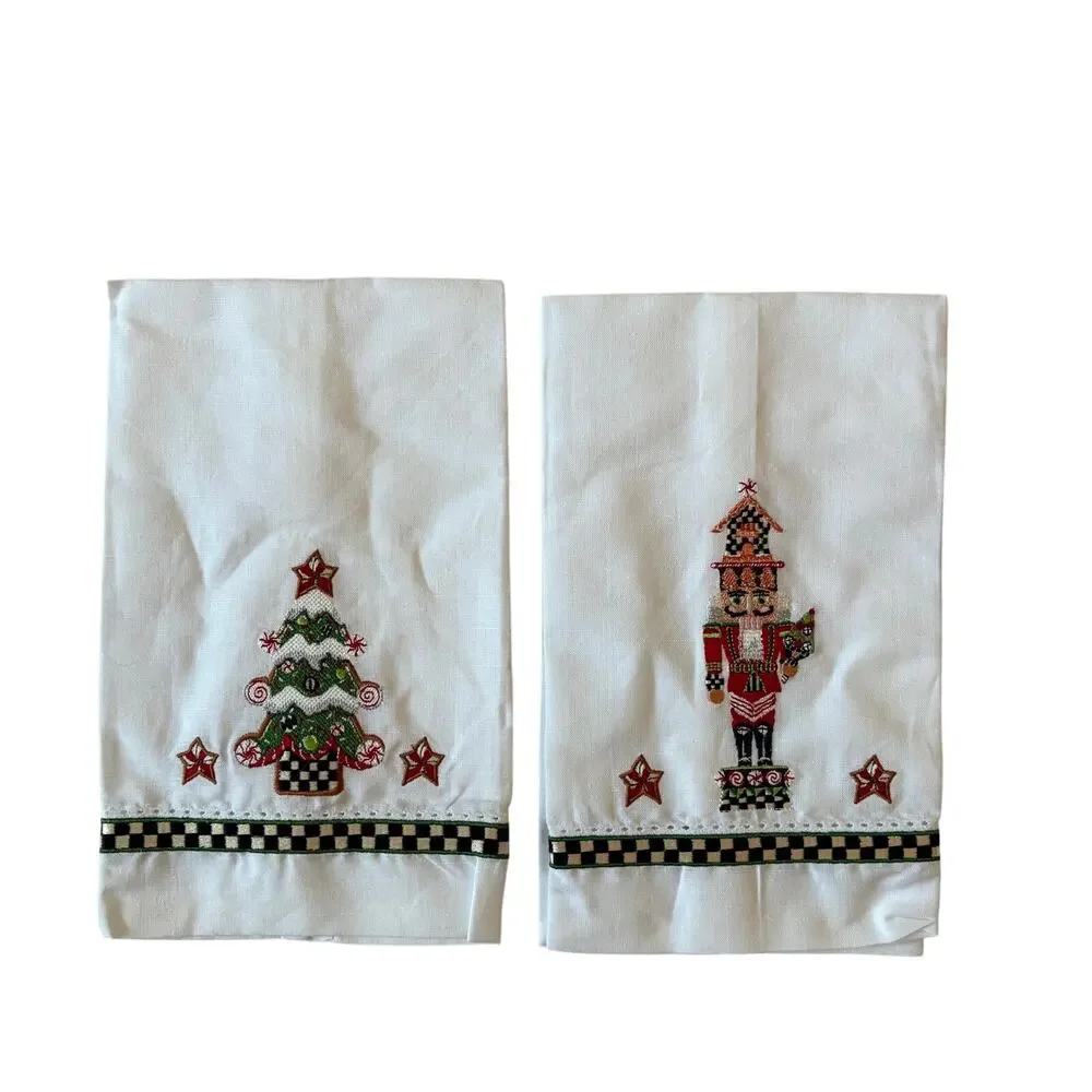 Mackenzie Childs Nutcracker & Tree Guest Towels Set of 2 Christmas Holiday Decor